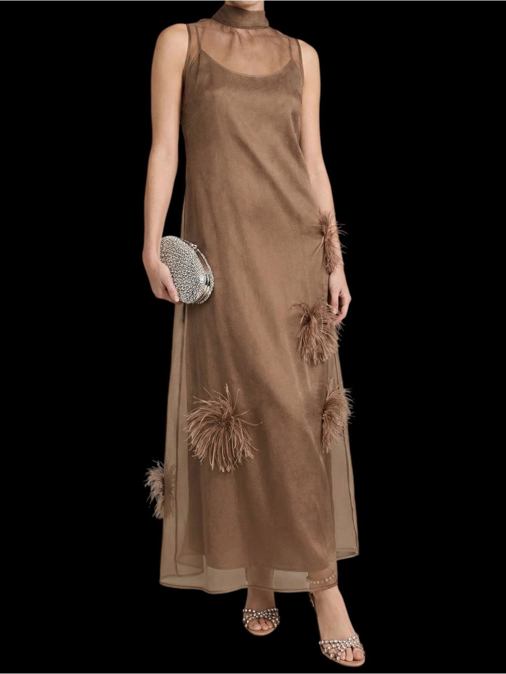 Few Moda o.p.t. Naia Dress Organza Brown Feathers NWT